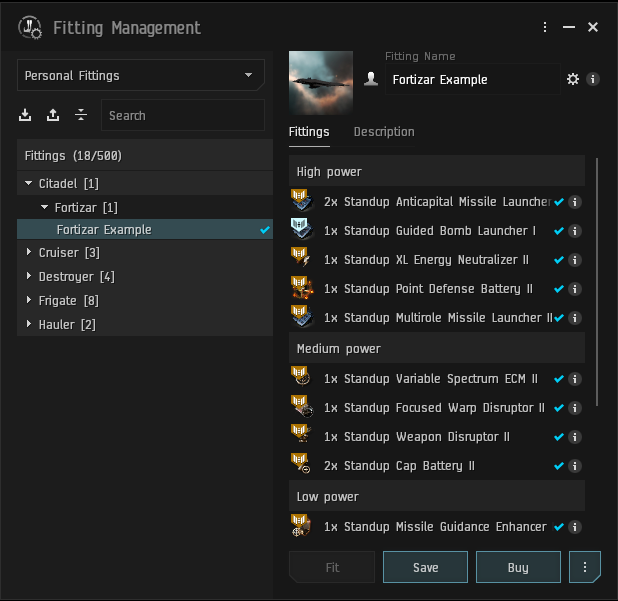 The fitting management screen for a Fortizar Upwell Structure