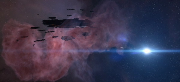 The Hrada-Oki Bivoac fleet including 2 Nomads, a Hel, and various other ships in a red cloud. A bright blue star shines in the background. A stealthed Proteus is barely visible.