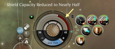 heads up display showing shield about half destroyed