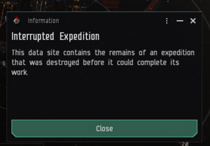 A message box appears when ship warps to the site. Message reads: This data site contains the remains of an expedition that was destroyed before it could complete its work.