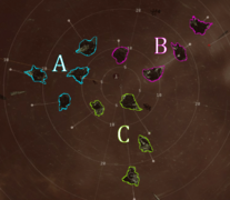 An infographic showing the ABC asteroid field split split in Abyssal Artifact Recovery sites: 3 clusters of 4 rocks
