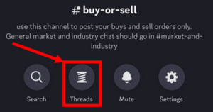 Click the indicated Threads button to open the list of threads in the channel
